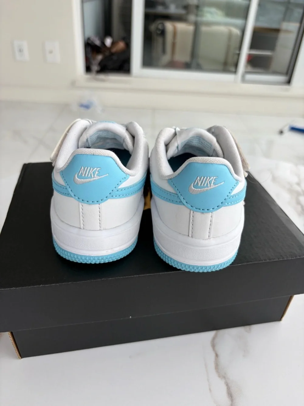 Nike Kids White Sneakers with Sky Blue Accents - Picture 3 of 4